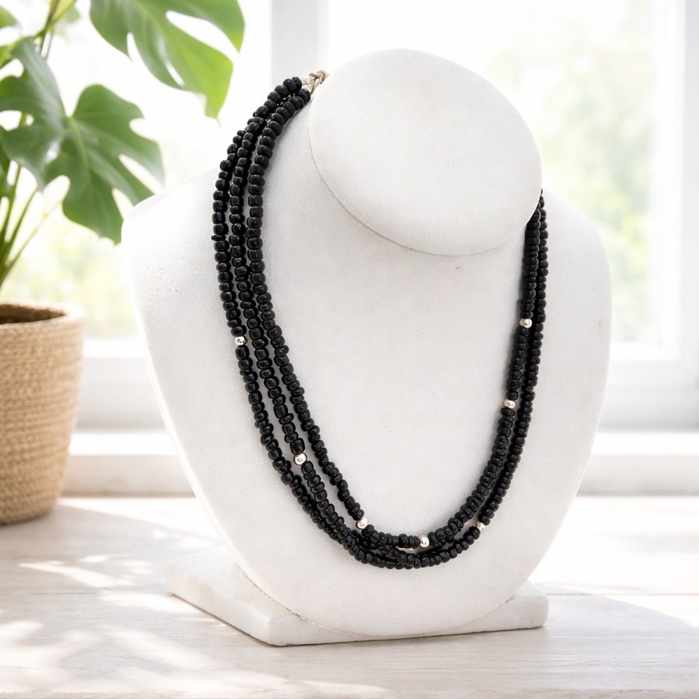 Silpada Black Glass Bead Necklace Sterling Silver 925 Multi Strand 16–18” Triple